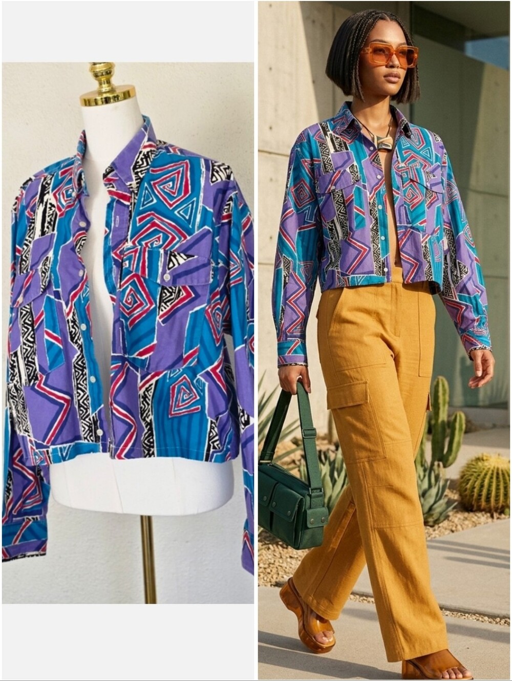 Vintage Cropped Western Shirt Geometric Print 90s Southwestern Button Up L
